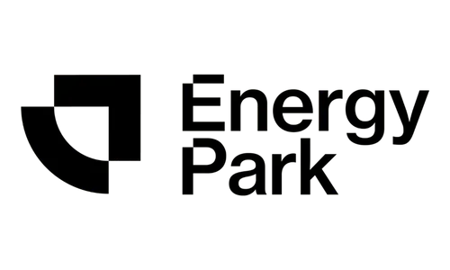 Energy Park logo in black and white with geometric curved and rectangular shapes