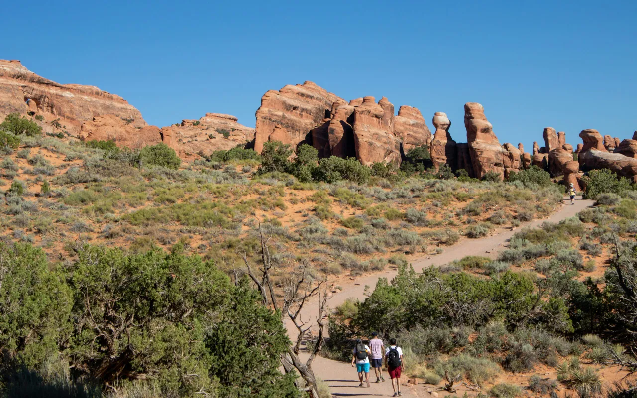 Hikers walking along a desert trail with distinctive red rock formations and sparse vegetation
