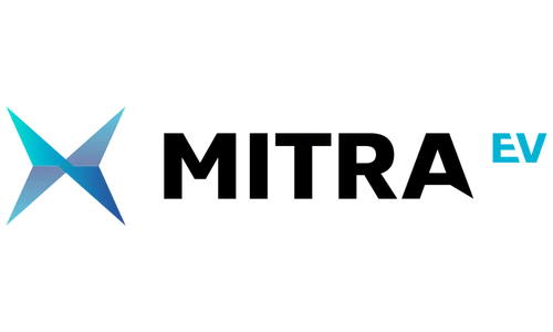 Mitra EV company logo featuring a geometric star shape in blue tones and black text