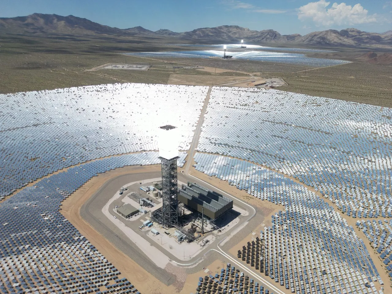 A concentrated solar power tower seen from the air